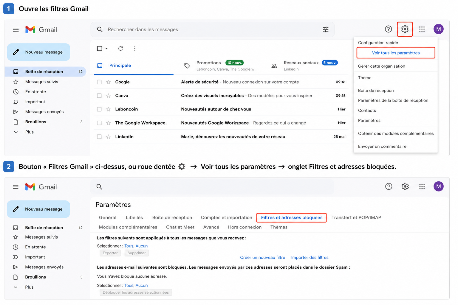 Capture Gmail pour ouvrir les filtres