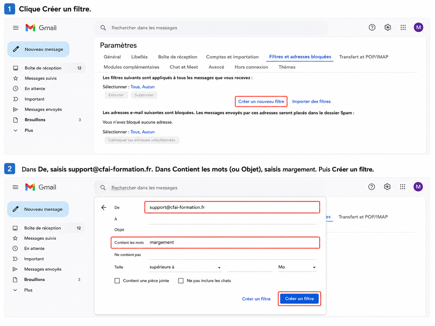 Capture Gmail avec l'expediteur et l'objet remplis