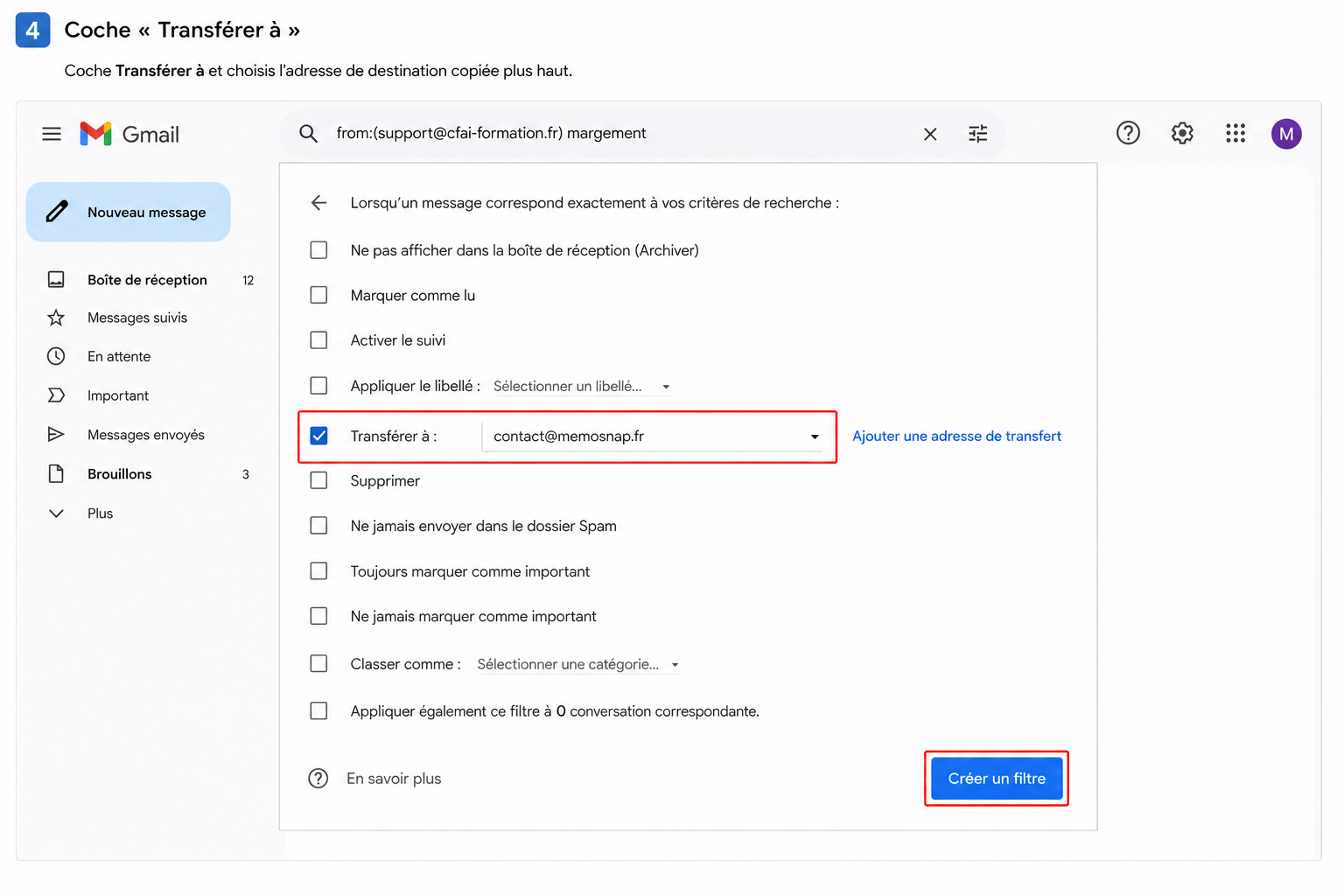 Capture Gmail avec l'action transferer a